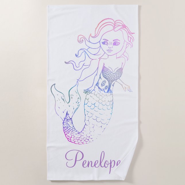 Serviette De Plage Sirène arc-en-ciel blanc Pastel blanc avec nom (Devant)