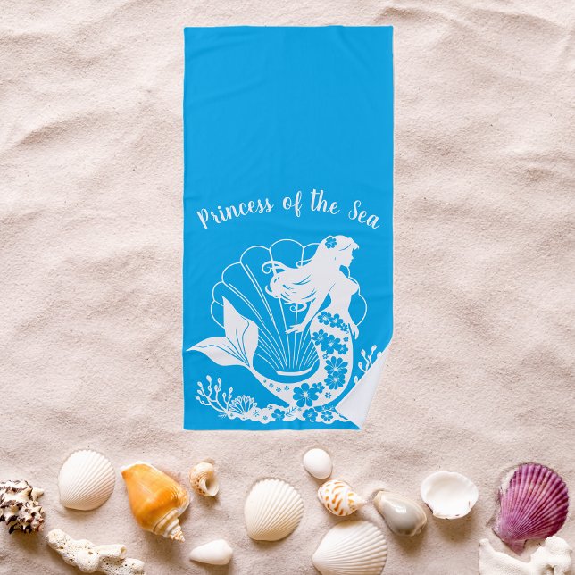 Serviette De Plage Sirène hawaïenne Princesse du bleu clair de mer (Hawaiian Mermaid Tropical Flowers Sea Shells Coral, Summer Beach, Fisherman Trend Towel)