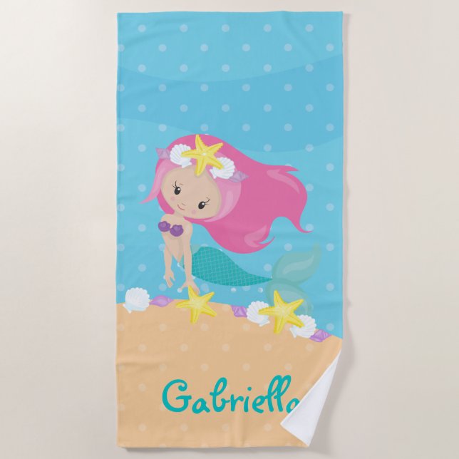 Serviette De Plage Sirène rose personnalisée (Devant)