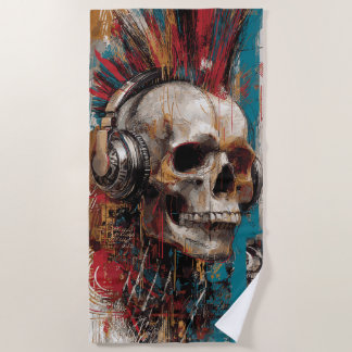 Serviette De Plage Skull with Headphones Punk Graffiti Art Design