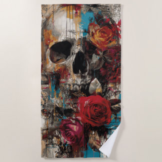 Serviette De Plage Skull with Roses Street Art Floral Grunge Design