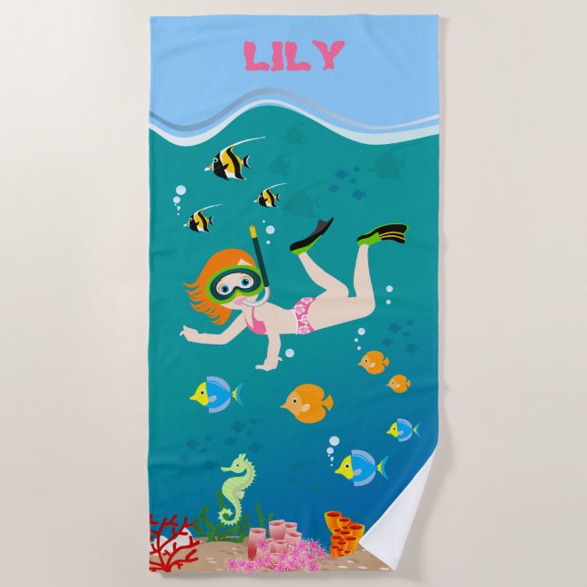 Serviette De Plage Snorkeling avec poisson tropical fille fête d'anni (Devant)