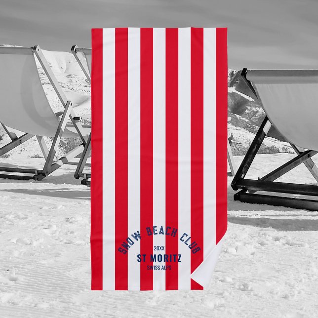 Serviette De Plage Snow Beach Club Red Cabana Stripe hiver Neige (Créateur téléchargé)