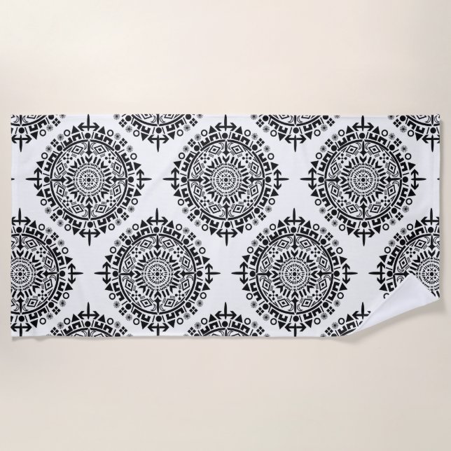 Serviette De Plage Soleil antique avec symboles noir blanc (Devant)