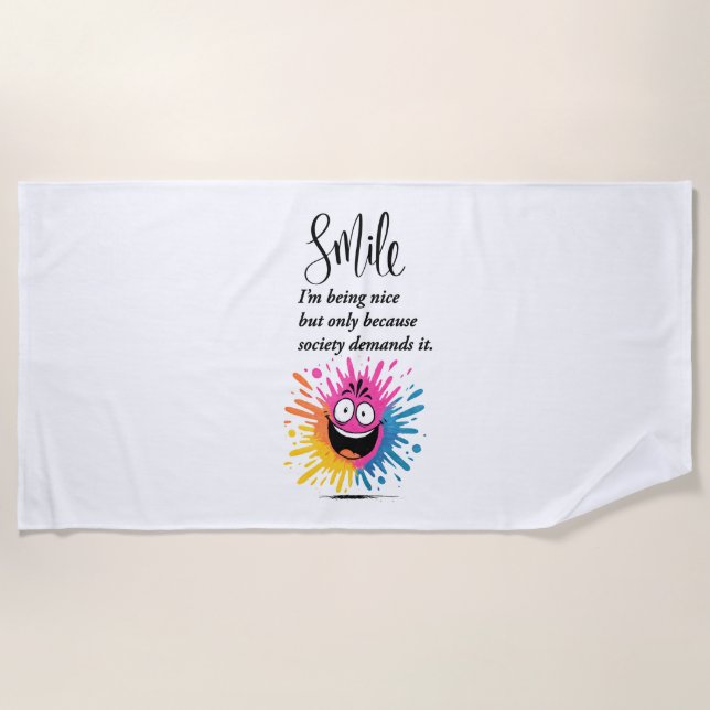 Serviette De Plage Sourire, conception sociale et sarcastique (Devant)
