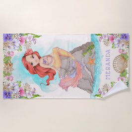 Serviette De Plage Sous la mer Sirène rose et pourpre (Cheveux rouge)