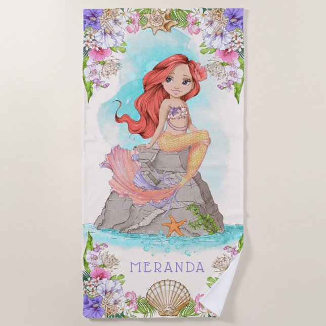 Serviette De Plage Sous la mer Sirène rose et pourpre (Cheveux rouge) (Devant)