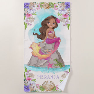 Serviette De Plage Sous la mer Sirène rose et pourpre (peau foncée)
