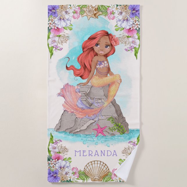 Serviette De Plage Sous la mer Sirène rose et pourpre (peau foncée) (Devant)