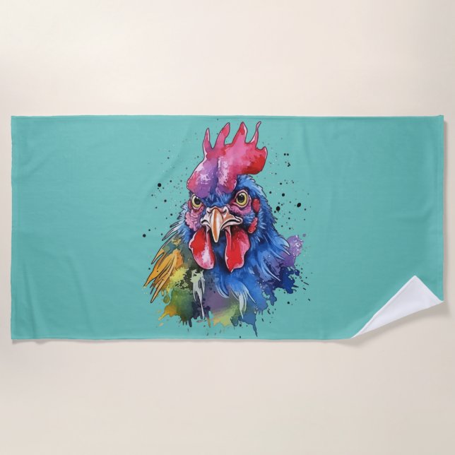 Serviette De Plage Style d'aquarelle de poulet du coq du pays (Devant)