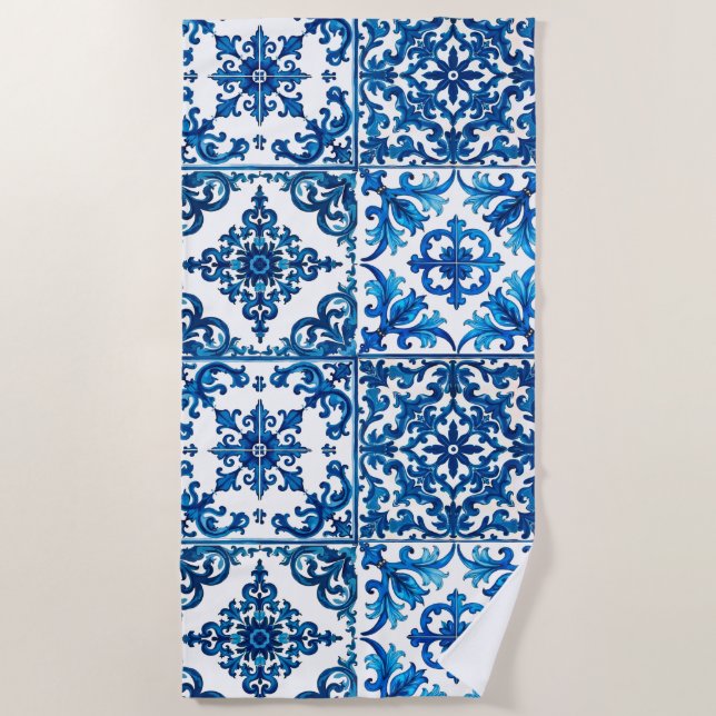 Serviette De Plage style italien, méditerranéen, mosaïque, bleu, (Devant)