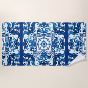 Serviette De Plage style italien, méditerranéen, mosaïque, bleu,