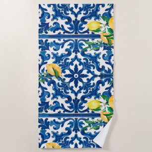 Serviette De Plage style italien, méditerranéen, mosaïque, bleu, citr