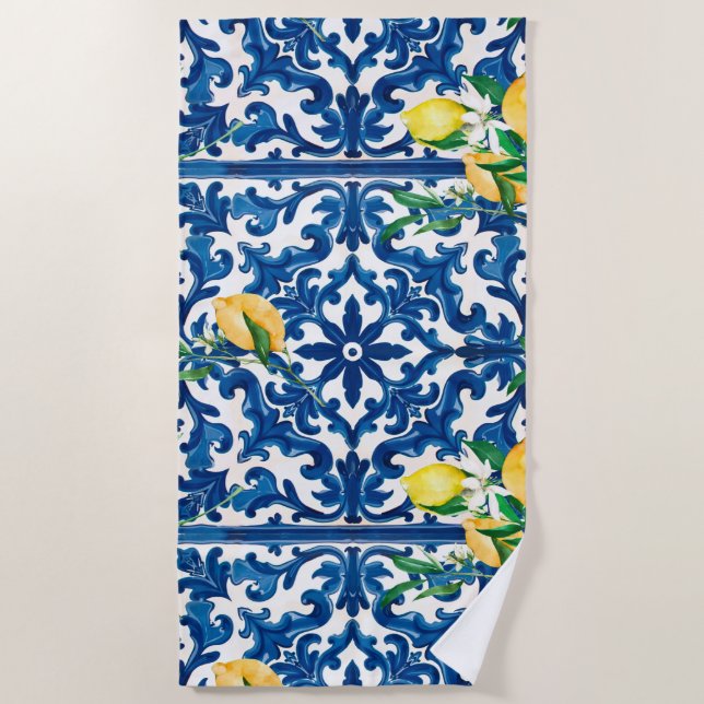 Serviette De Plage style italien, méditerranéen, mosaïque, bleu, citr (Devant)