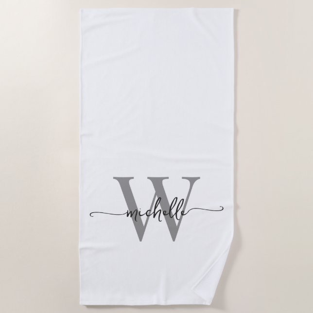 Serviette De Plage Style Moderne Nom Monogramme Gris Blanc Script (Devant)