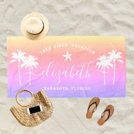 Serviette De Plage Sunset Palm Trees Girls Vacation Nom personnalisé