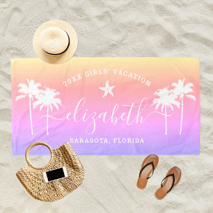 Serviette De Plage Sunset Palm Trees Girls Vacation Nom personnalisé
