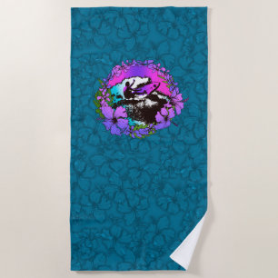 Serviette De Plage Super Hawaiian Surfer 1960 Rétro Hibiscus -Turquoi