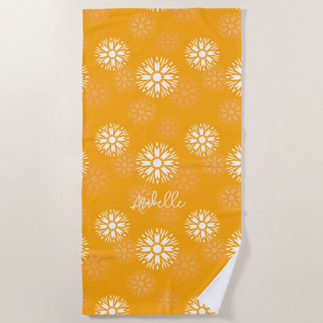 Serviette De Plage Super Orange Daisy Fleur Rétro Nom Floral (Devant)