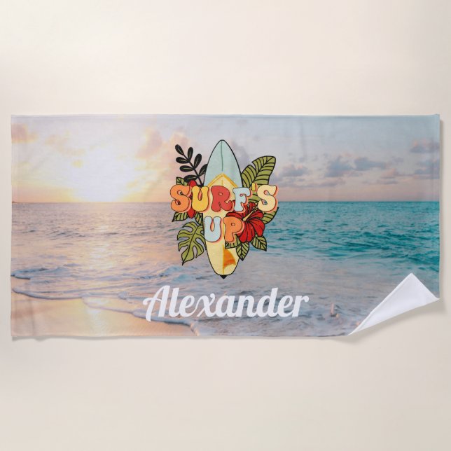 Serviette De Plage Surf d'été fleurs de plage et feuilles tropicales (Devant)