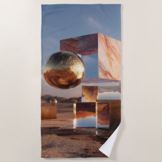 Serviette De Plage Surreal Geometric Composition With Golden Spheres