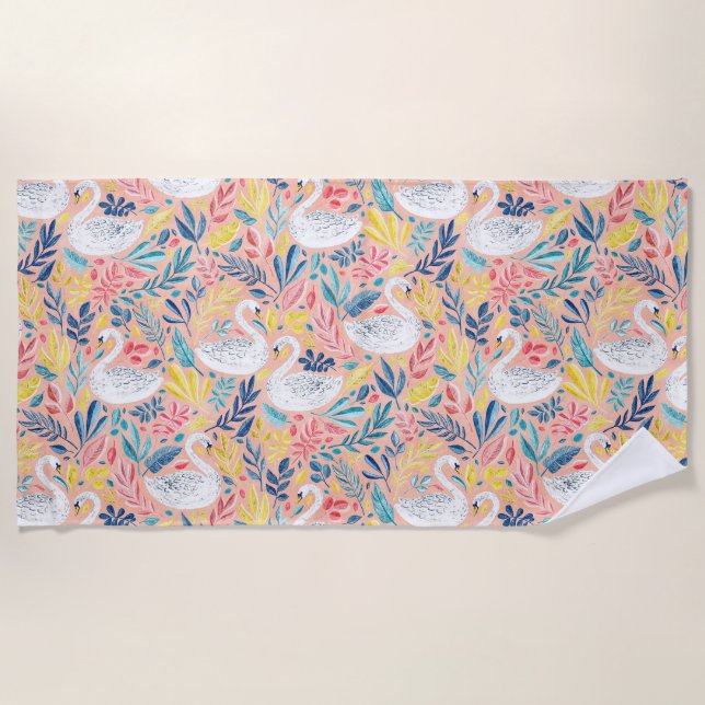 Serviette De Plage Swans doux en Whimsical sur rose pâle (Devant)