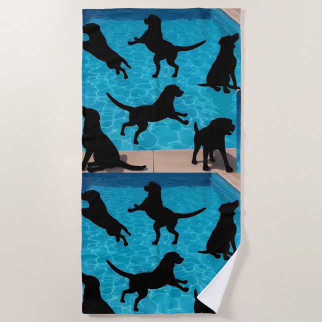 Serviette De Plage Swimming Dogs  (Silhouetted dogs playfully leaping and splashing in a bright blue swimming pool.)