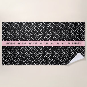 Serviette De Plage Tache noire et blanche avec bande rose personnalis