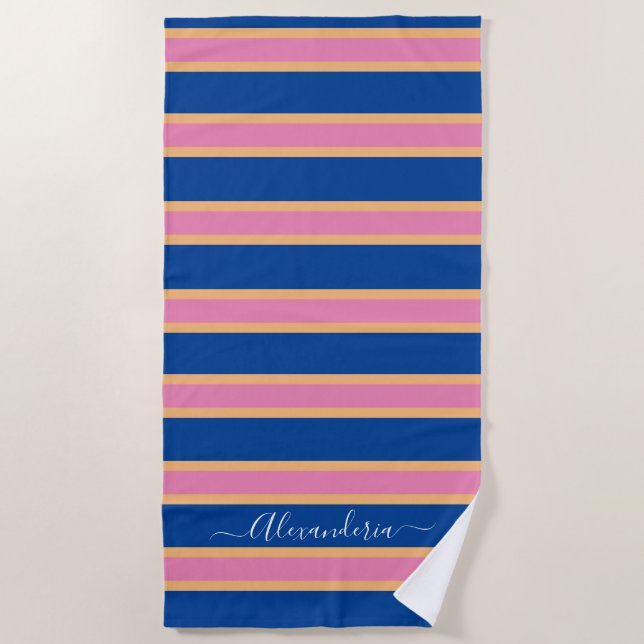 Serviette De Plage Tangerine rose Blanc moderne Preppy Stripes Plage (Devant)