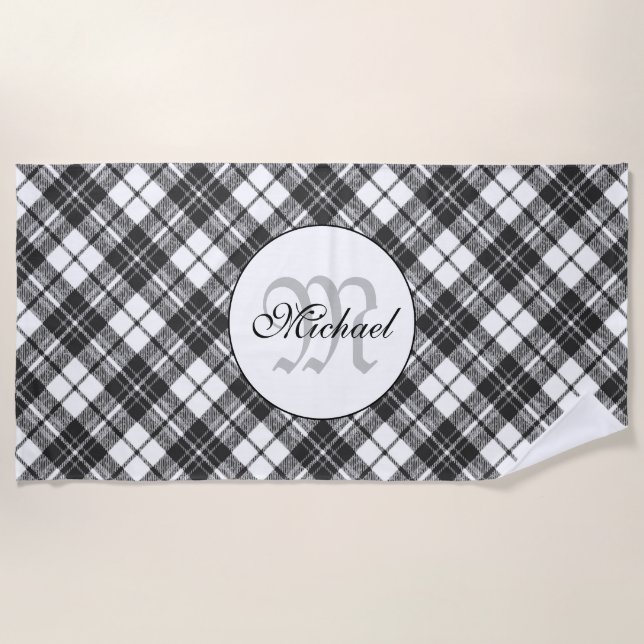Serviette De Plage Tartan motif Noël noir blanc Monogramme (Devant)