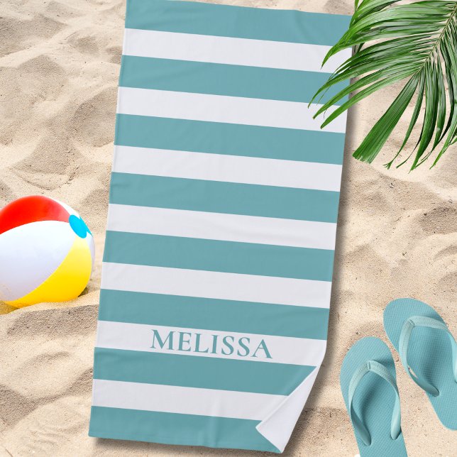 Serviette De Plage  Teal And White Striped Name Cabana Stripe  (Créateur téléchargé)