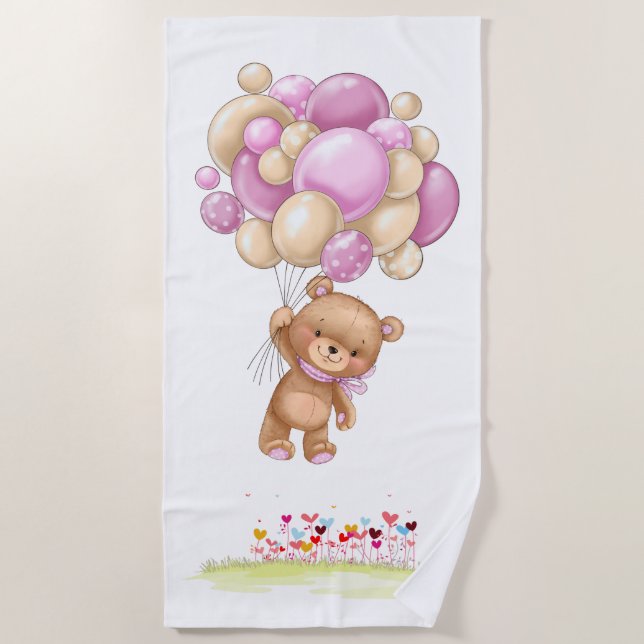 Serviette De Plage Teddy Bear Adventure Pink Balloons Garden (Devant)