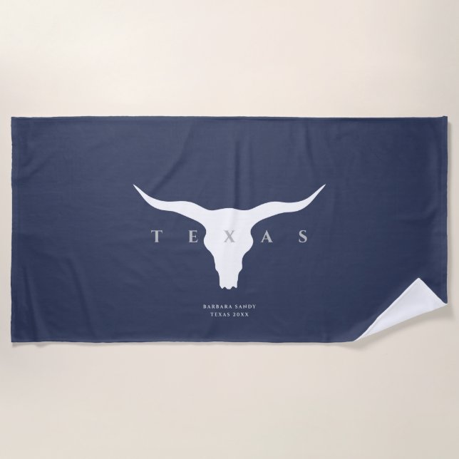 Serviette De Plage Texas moderne Longhorn été Nom personnalisé bleu (Devant)