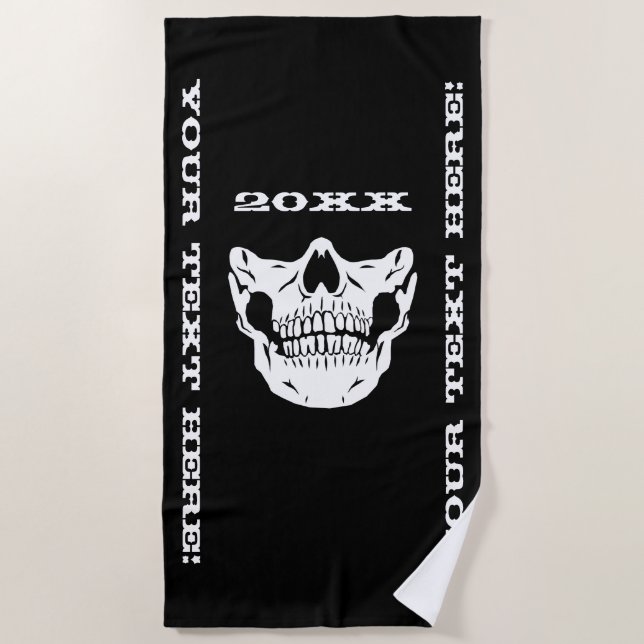Serviette De Plage Texte personnalisé Masque demi-visage du crâne noi (Devant)