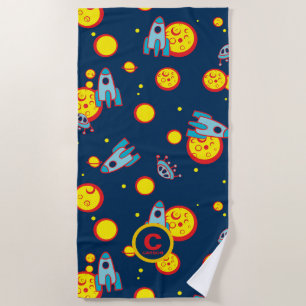 Serviette De Plage Thème spatial pour garçons en bleu rouge et jaune