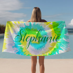 Serviette De Plage Tie Dye Swirl Jaune Bleu Vert Personnalisé