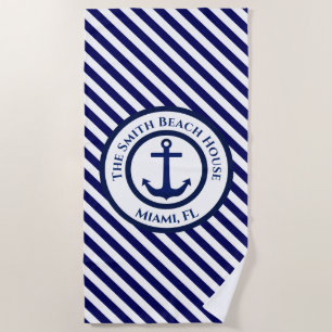 Serviette De Plage Timbre Ancre et bandes diagonales personnalisés