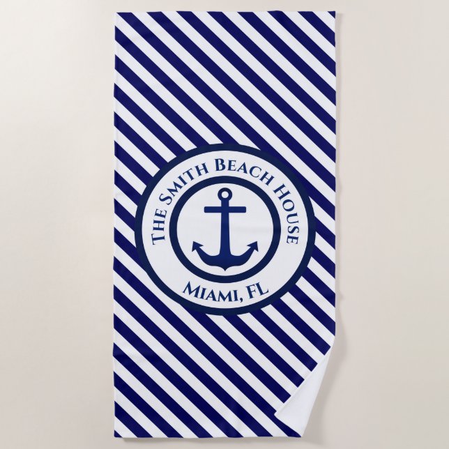 Serviette De Plage Timbre Ancre et bandes diagonales personnalisés (Devant)