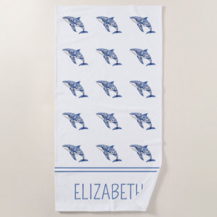 Serviette De Plage Toile Bleue Plage Florale Dauphin Personnalisé