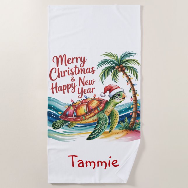 Serviette De Plage Tortue de Noël au paradis (Devant)