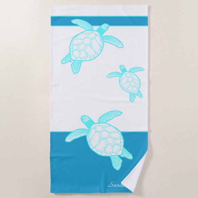 Serviette De Plage Tortue marine marine Personnalisée Bleu Turquoise  (Devant)