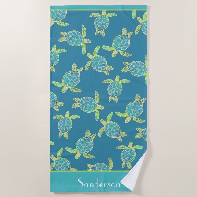 Serviette De Plage Tortue marine marine personnalisée Turquoise bleu (Devant)