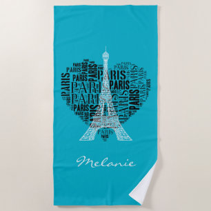 Serviette De Plage Tour Eiffel et inscriptions Paris au coeur