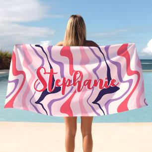 Serviette De Plage Tourbillon Rétro Abstrait Vague Rose Violet Nom Pe