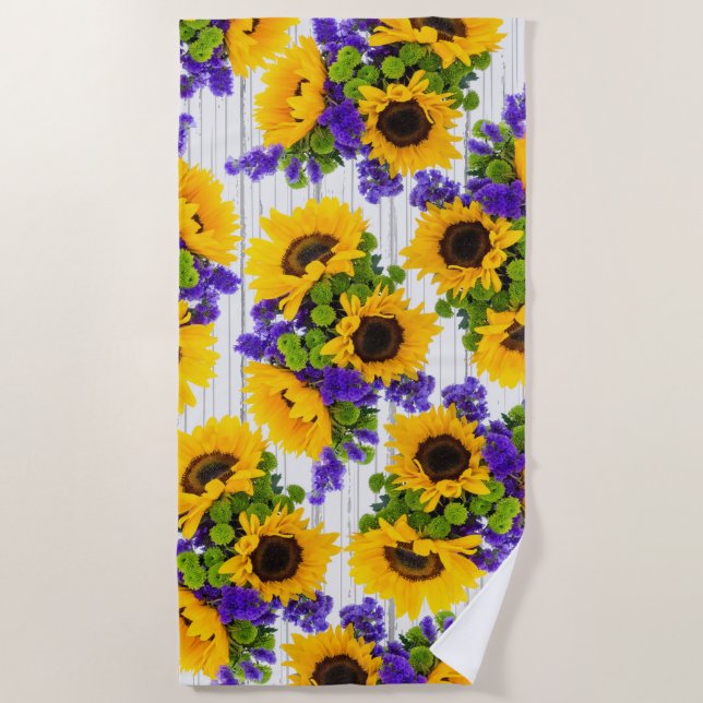 Serviette De Plage Tournesol jaune pourpre en bois blanc rustique de (Devant)