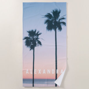 Serviette De Plage Tropical Pink & Blue Ombre Palm Tree Nom du couche