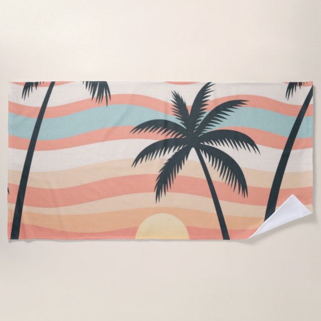 Serviette De Plage Tropical Sunset Stripes – Sunset Palms Towel (Devant)
