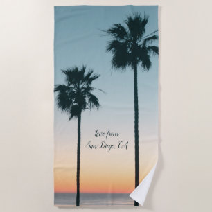 Serviette De Plage Tropical Turquoise & Orange Palm Tree Sunset Silho