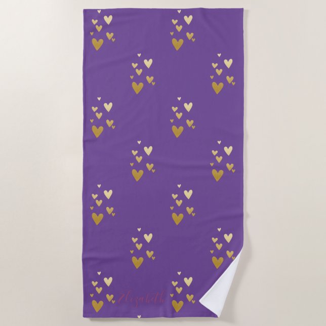 Serviette de plage tropicale avec coeurs dorés sur (Devant)