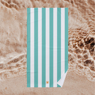 Serviette De Plage Turquoise bande de cabane et monogramme orange per